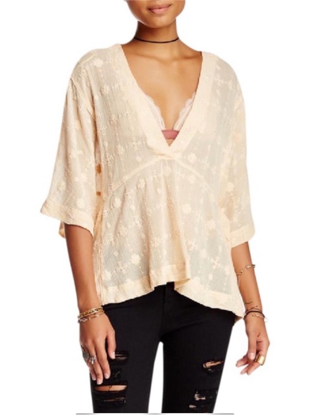 Free People Amber Skies Embroidered Floral Boho Peach Top | Sz XS (Minor Repair)